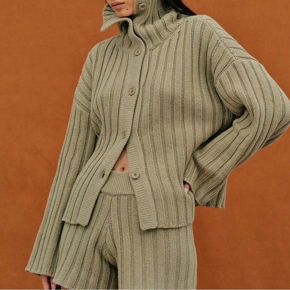 Source Unknown Stand Collar Rib Cardigan, Olive Melange - Picture 4 of 5